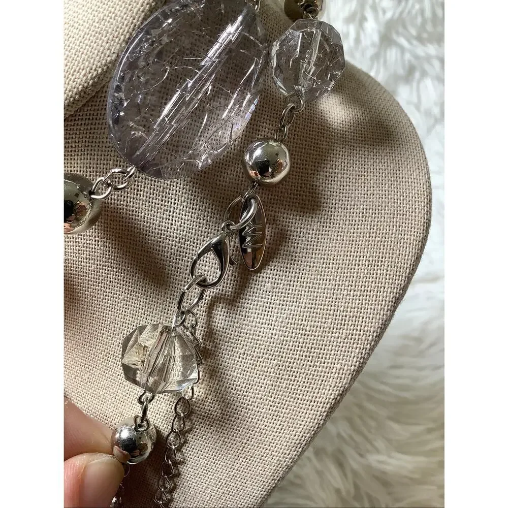 NY New York Co Silver Tone Double Strand Clear Faceted Beaded Necklace F18-59